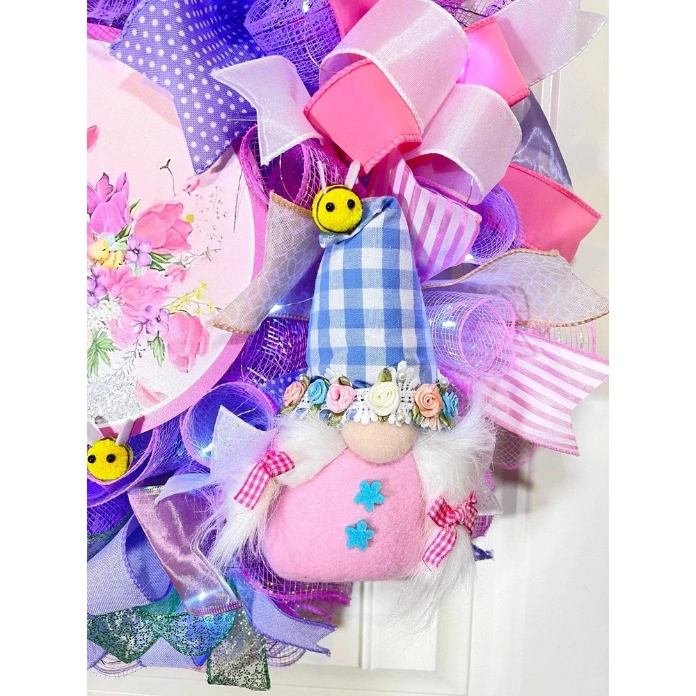 Handmade Spring Floral Bee Gnome Prelit Ribbon Wreath 22 in LED W1